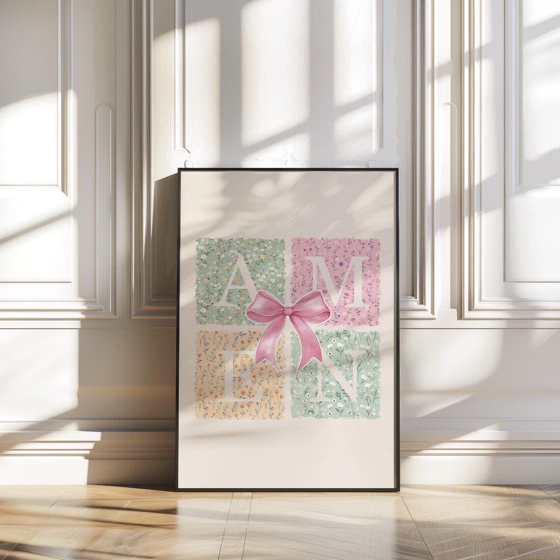 Amen Floral Patchwork Letters Pink Bow Coquette Christian Poster - Image 4