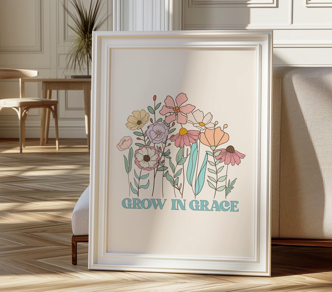 Grow In Grace Pastel Wildflower Line Art Christian Quote Poster - Image 2