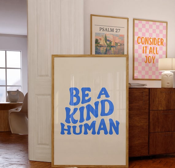 Be A Kind Human Blue Retro Groovy Motivational Inspirational Poster