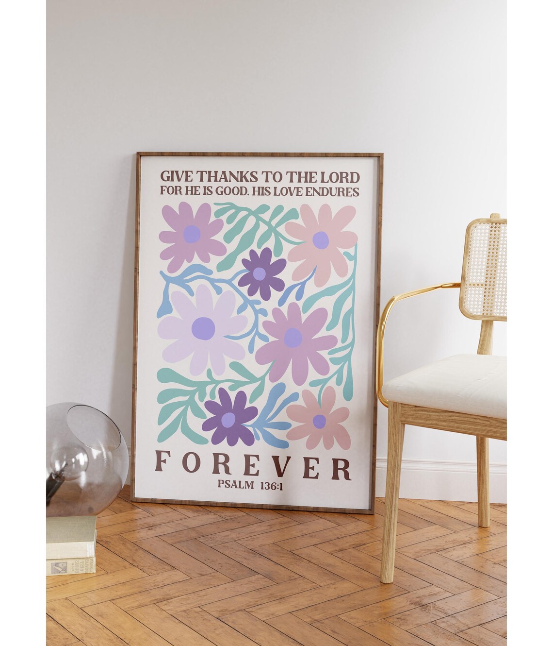 Give Thanks To The Lord Psalm 136:1 Purple Floral Bible Poster - Image 3