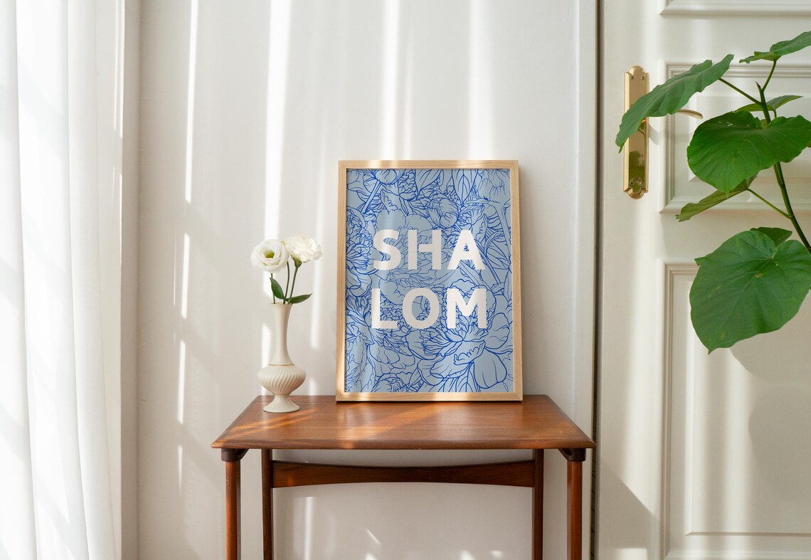 Shalom White Lettering Blue Peony Floral Line Art Christian Poster - Image 3