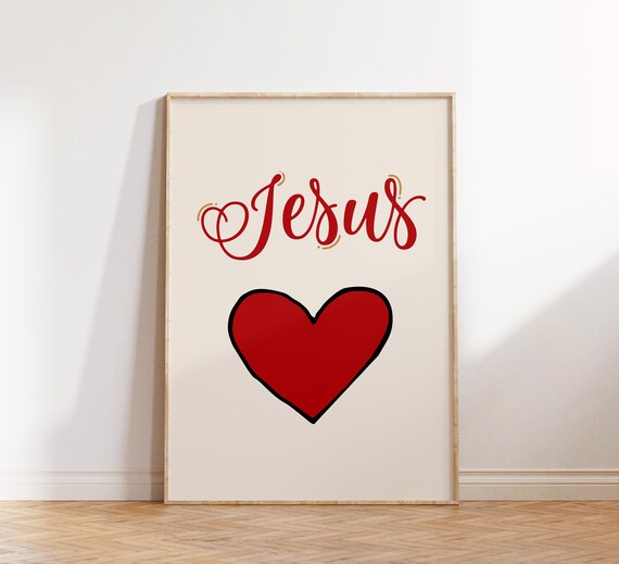 Jesus Red Script With Red Heart Love Minimalist Christian Poster