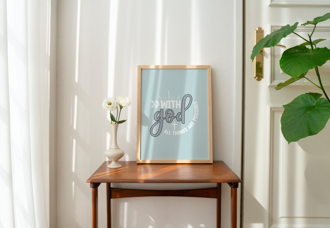 With God All Things Are Possible Blue Cross Faith Quote Poster - Image 2