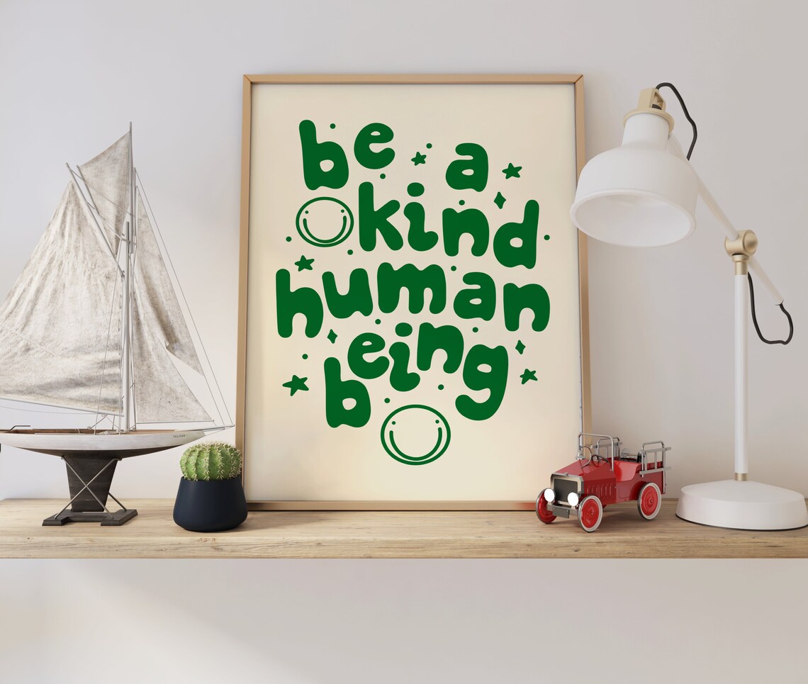 Be A Kind Human Being Green Retro Smiley Face Inspirational Poster - Image 4
