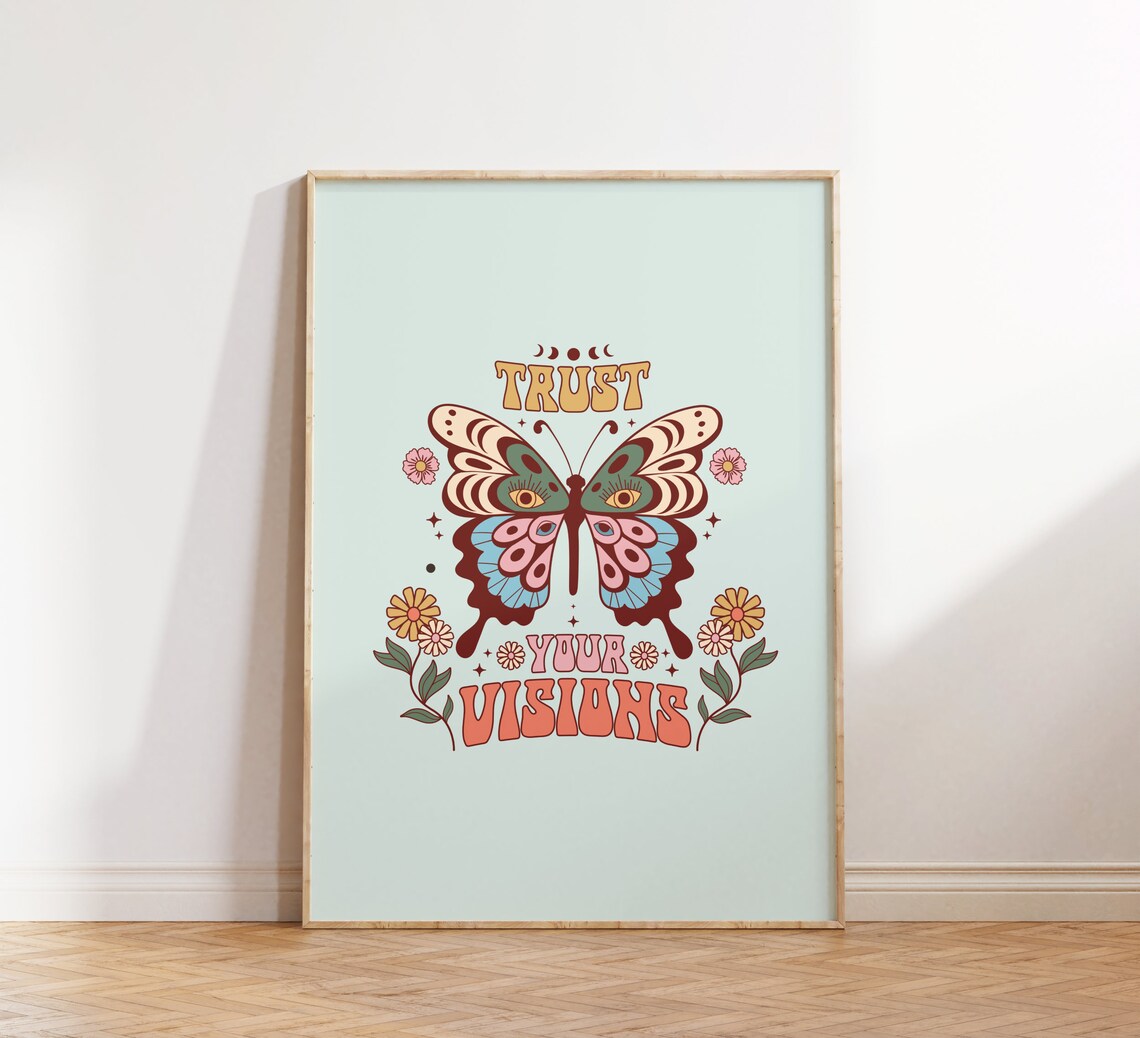 Trust Your Visions Psychedelic Butterfly Groovy Retro Quote Poster - Image 2