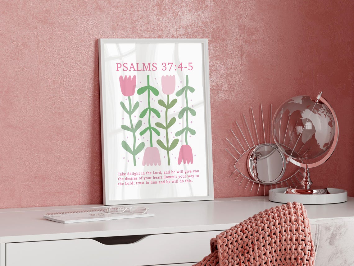 Psalms 37 Print Christian Wall Art Flower Poster Christian Poster Bible Verse Pink Poster Wall Decor Scripture Art - Image 4