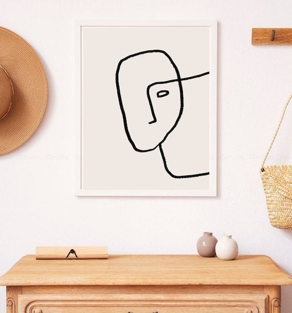 Abstract Minimalist Face Line Art Black Cream Boho Modern Decor Print