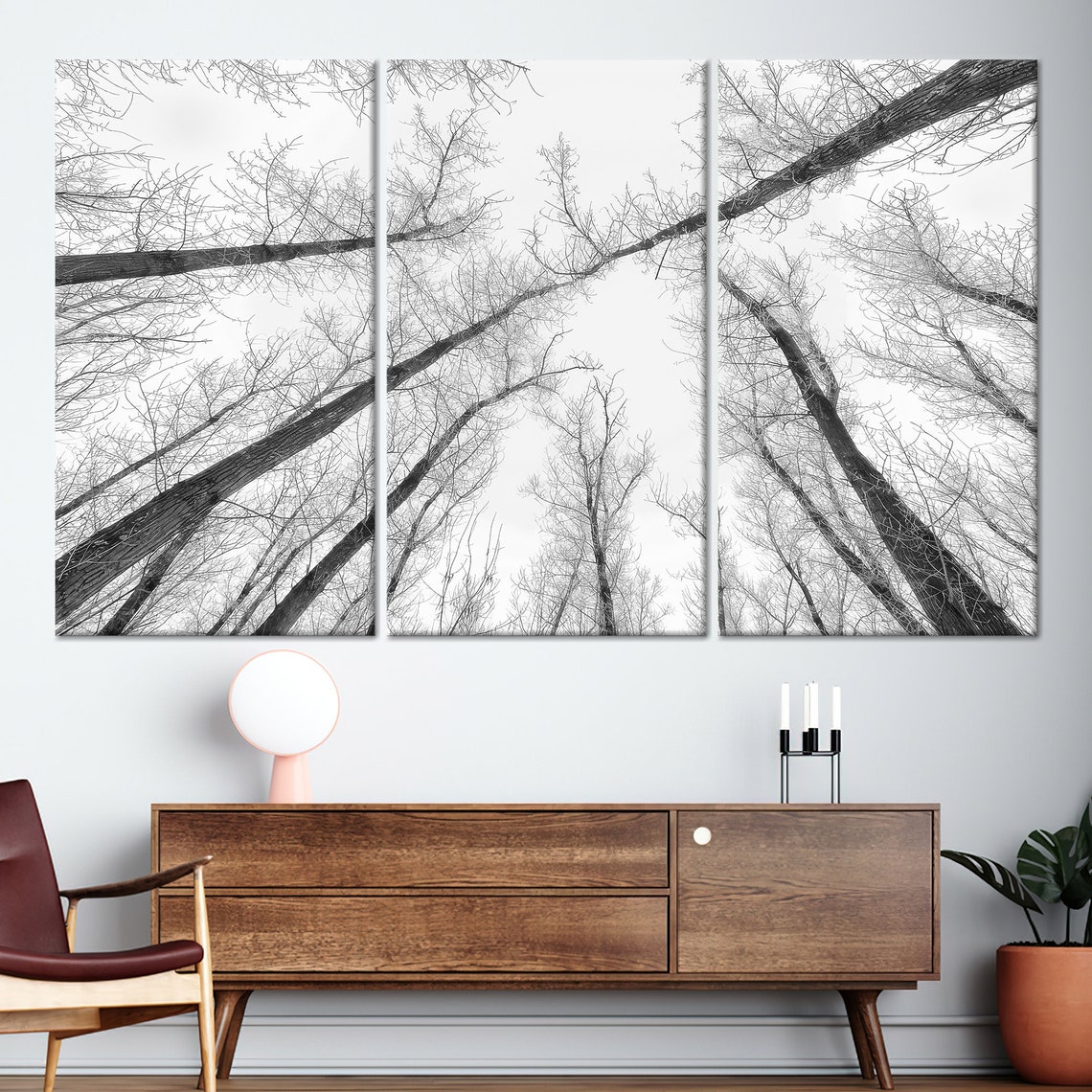 Black and White Tree Canopy Looking Up Minimalist Nature Poster