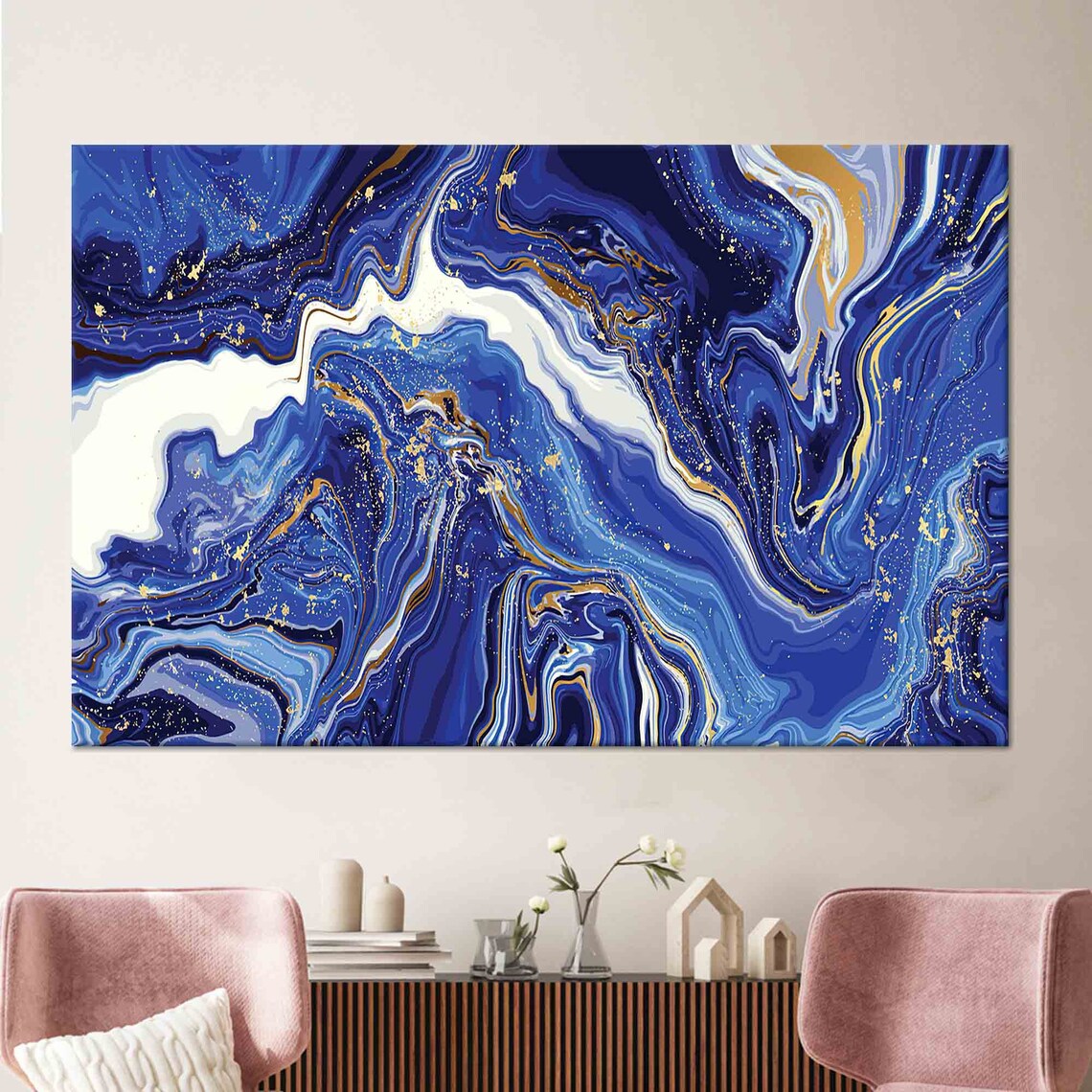 Abstract Marble Art Poster, Navy Blue and Gold
