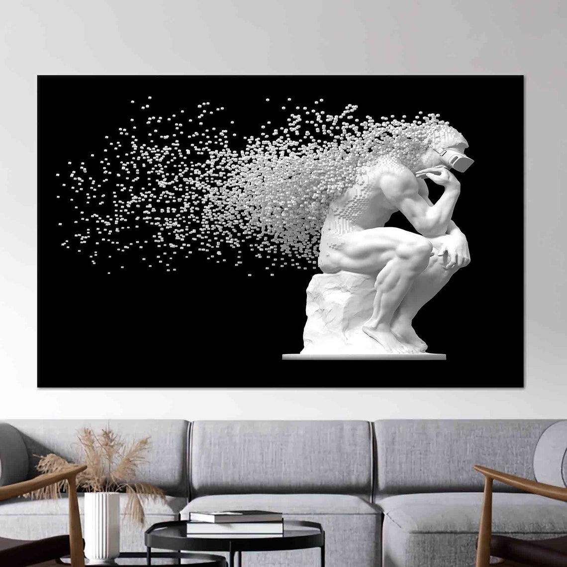 Rodin Thinker Statue Dissolving into Pixels Modern Art Wall Poster