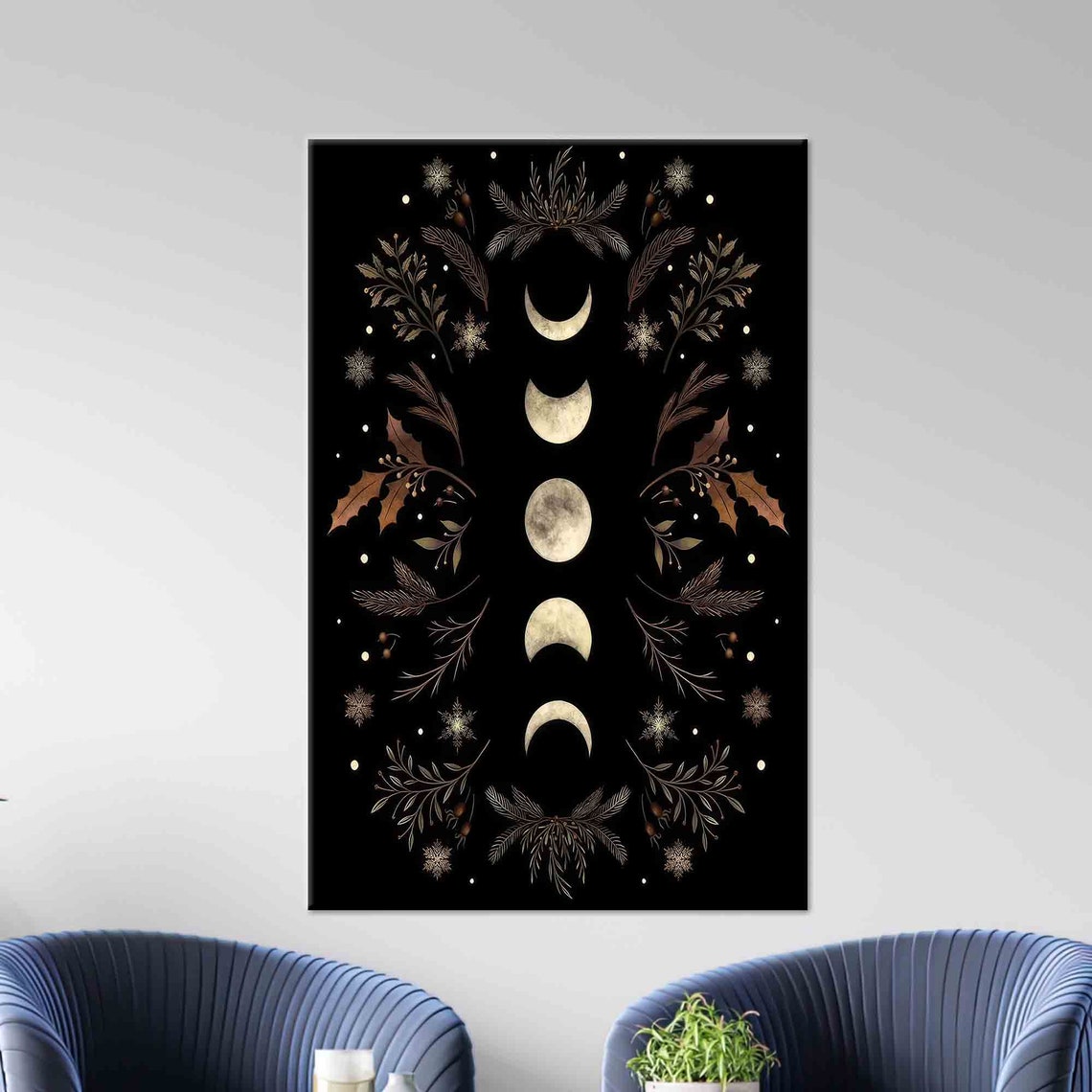 Moon Phases With Botanical Garland Dark Mystical Style Poster