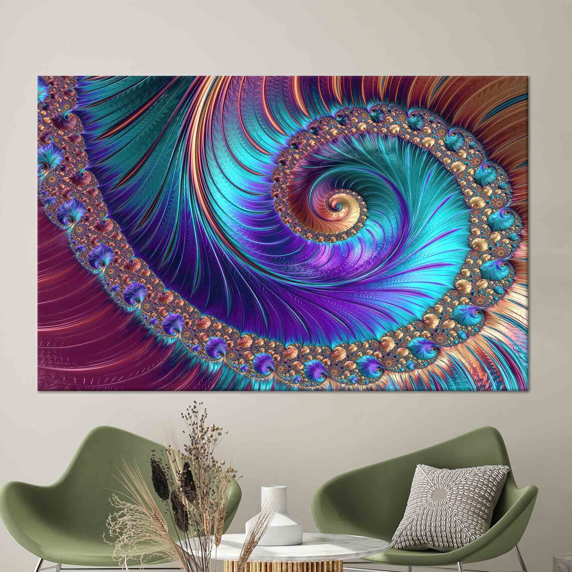 Teal Purple and Gold Fractal Spiral Abstract Digital Art Poster