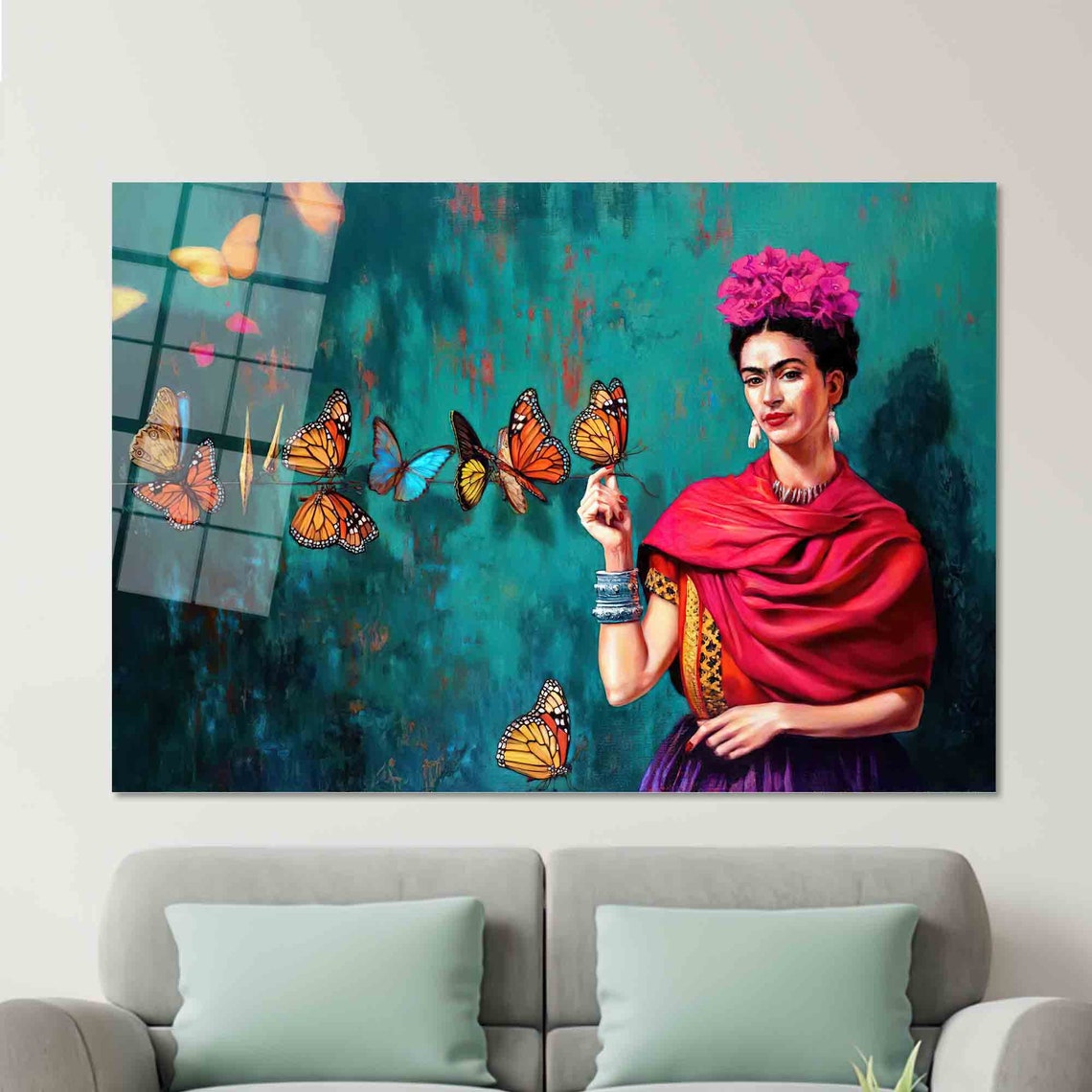 Frida Kahlo with Monarch Butterflies Teal Mexican Art Wall Poster - Image 2