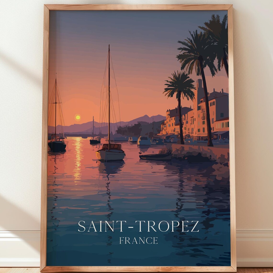 Saint-Tropez France Sunset Harbor Sailboats Palm Trees Poster Art