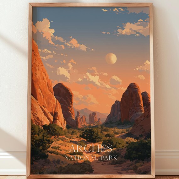Arches National Park Red Rock Desert Sunset Moonlight Travel Poster