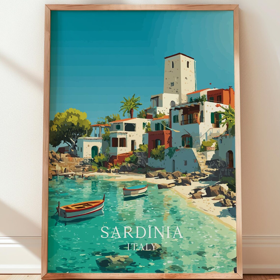 Sardinia Italy Fishing Village Tower Boats Turquoise Water Travel Poster