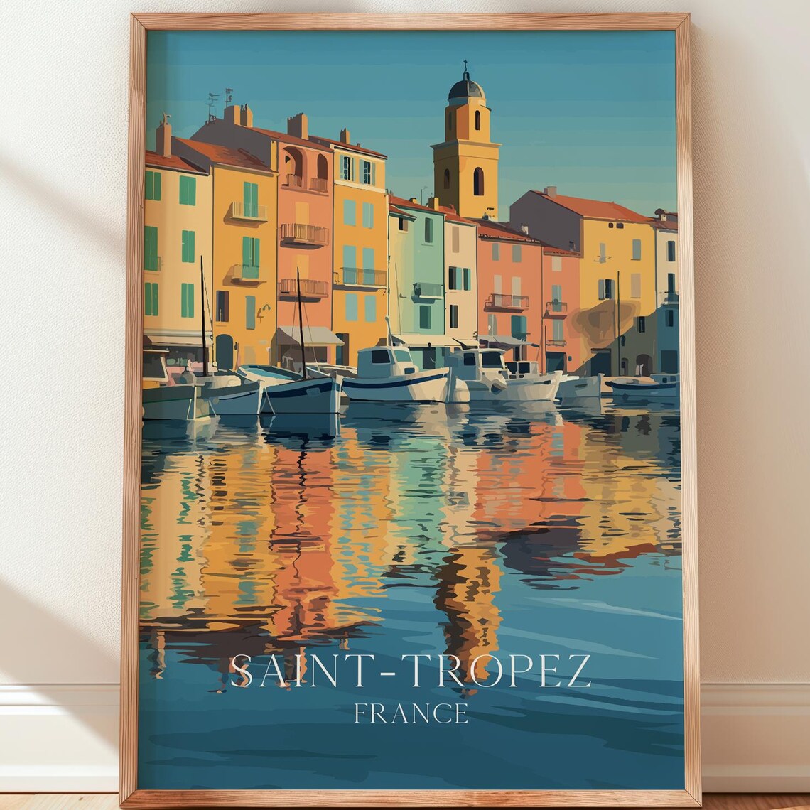 Saint Tropez France Travel Poster Harbor Waterfront Church Bell Tower Artwork