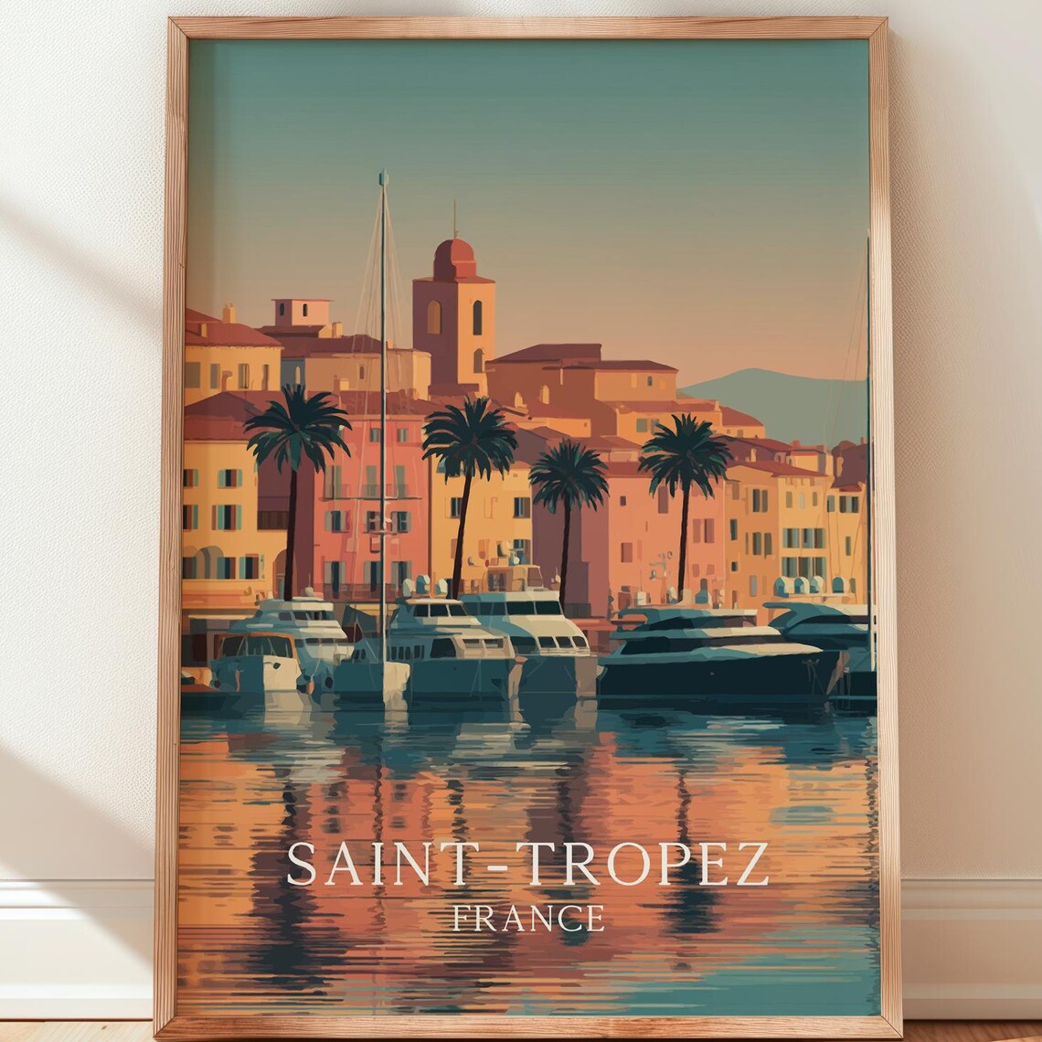 Saint-Tropez France Harbor Yachts Vintage Travel Poster Sunset Palms