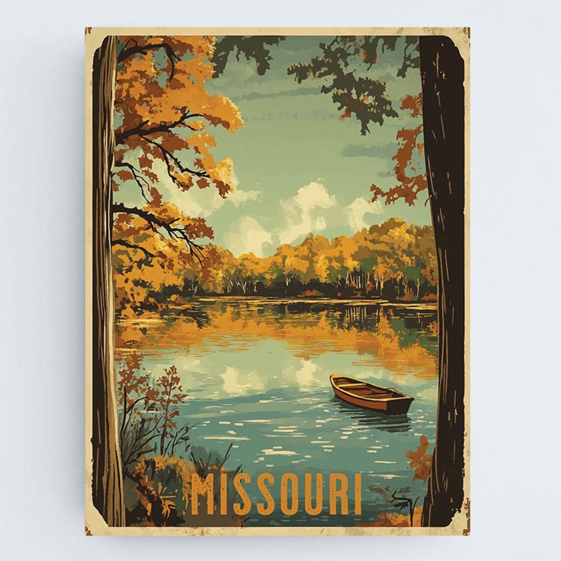 Missouri Autumn Lake Canoe Golden Forest Vintage Travel Poster