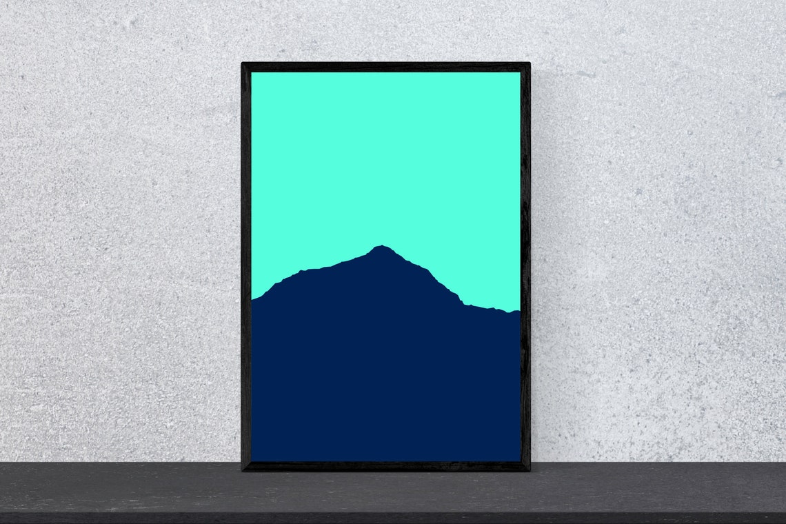 Navy Mountain Silhouette on Teal Sky Minimal Modern Art Poster
