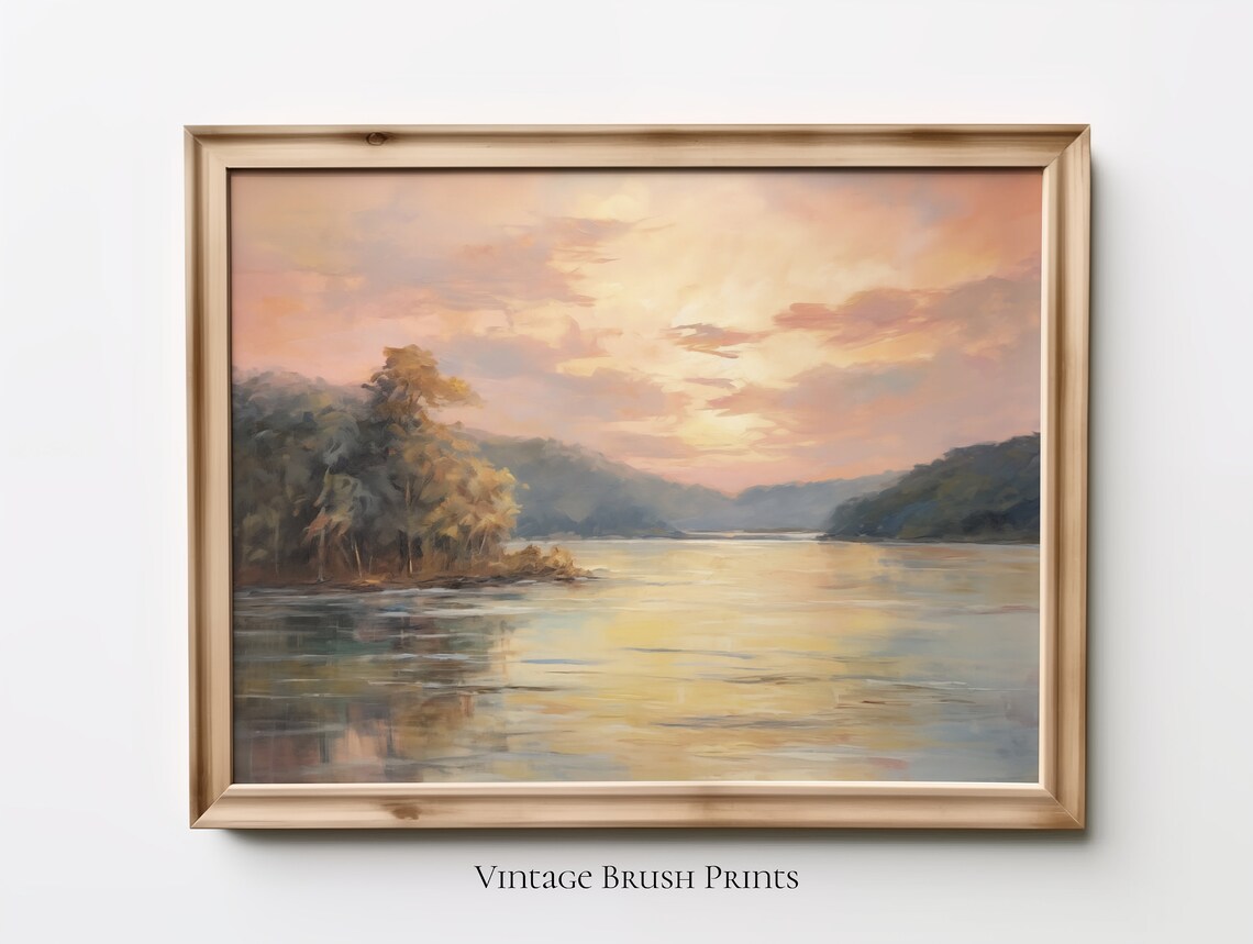 Vintage Lake Sunset Ozark Landscape Art Print