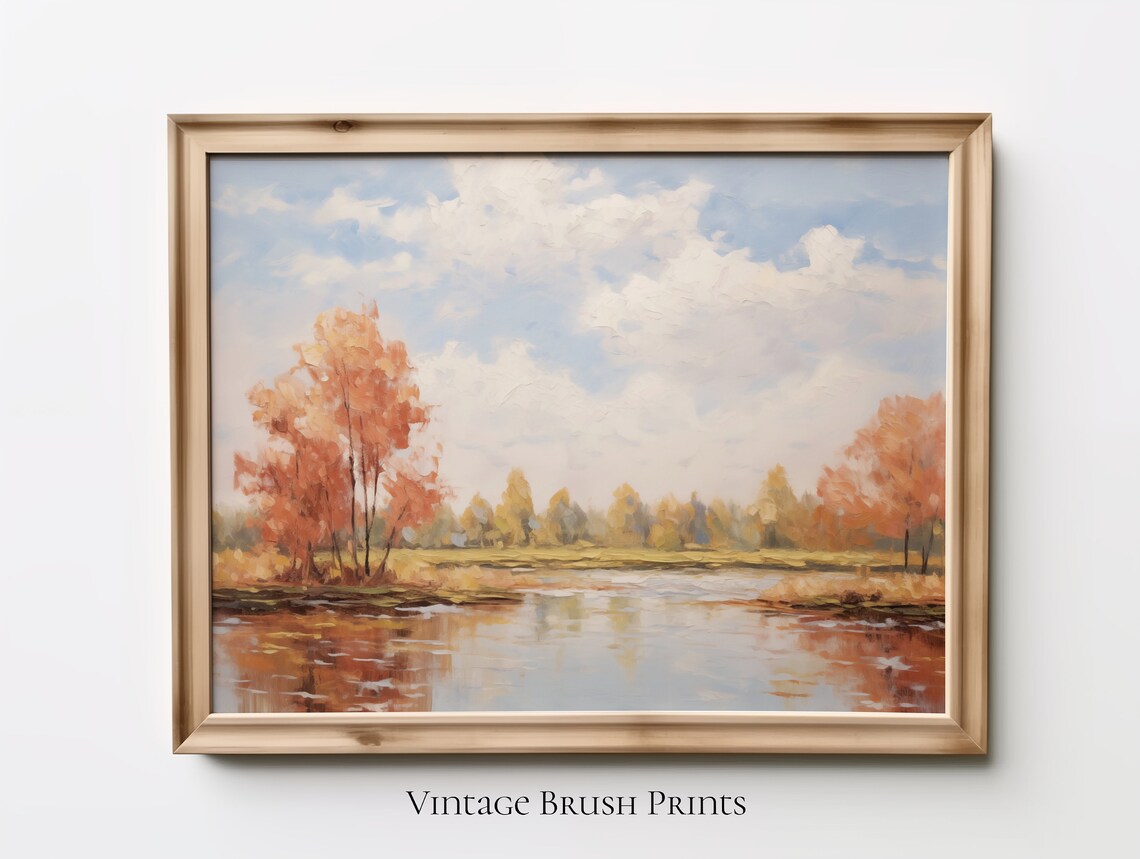 Autumn Trees Reflected In Calm Lake Fall Landscape Oil Painting Poster