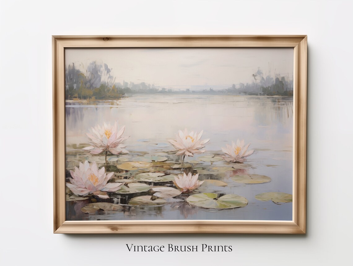 Water Lilies Pond Misty Morning Vintage Floral Landscape Poster