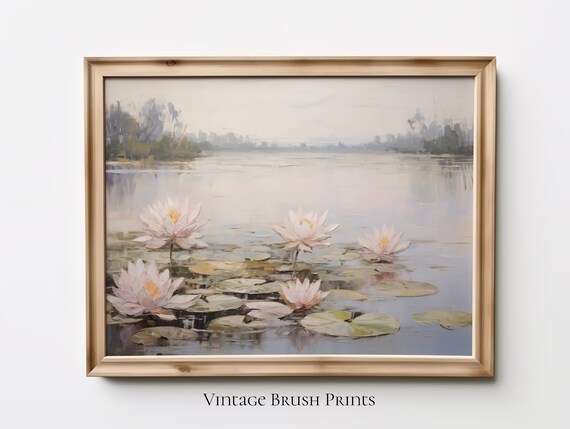 Water Lilies Pond Misty Morning Vintage Floral Landscape Poster