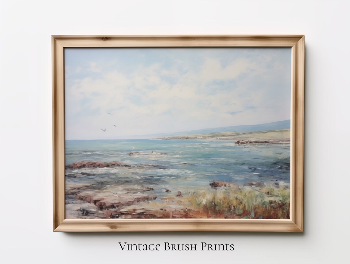 Rocky Shoreline Waves and Seabirds Calm Coastal Painting Poster