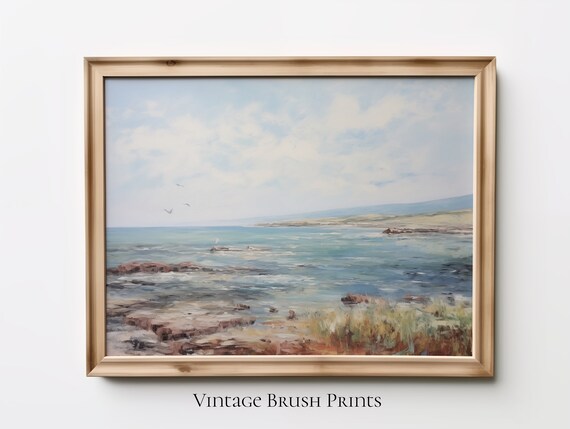 Rocky Shoreline Waves and Seabirds Calm Coastal Painting Poster