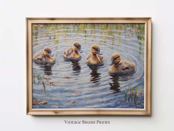 Duckling Oil Painting Spring Pond Art Farmhouse Print