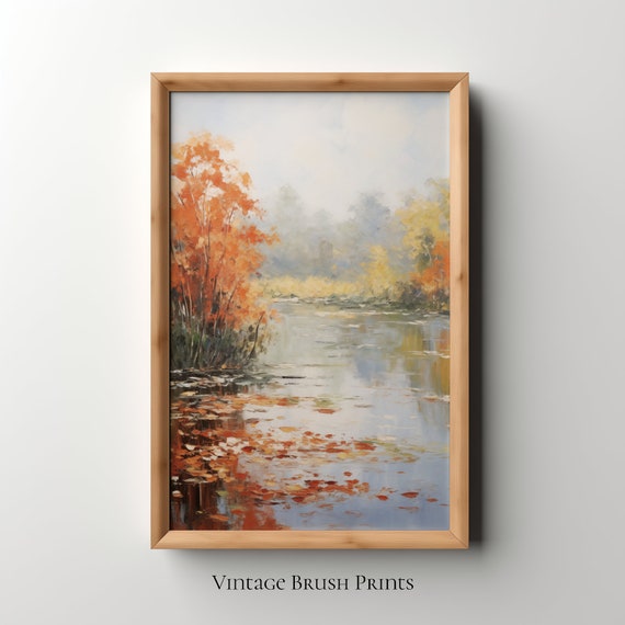 Vintage Autumn Landscape Painting Rustic Cottage Art