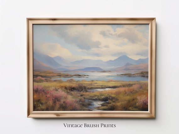 Vintage River Landscape Painting Rustic Mountain Cabin Art