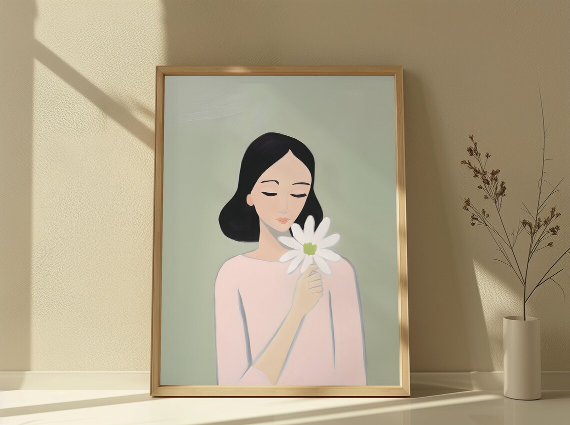 Minimalist Woman with White Daisy on Sage Green Elegant Art Poster