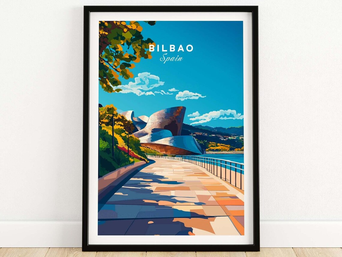 Bilbao Spain Guggenheim Museum Riverside Walkway Travel Poster