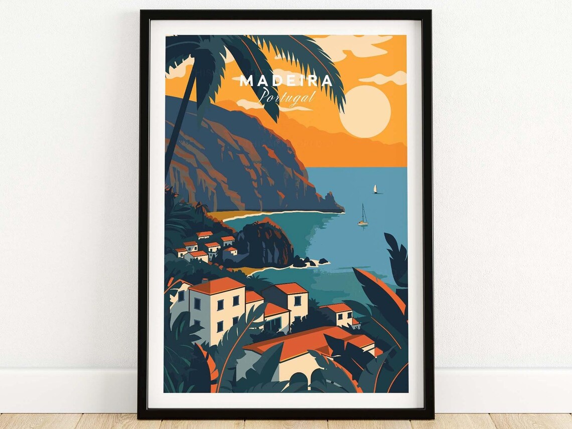 Madeira Portugal Travel Poster Coastal Village at Golden Sunset