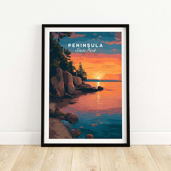 Peninsula State Park Wisconsin Rocky Shore Golden Hour Travel Poster