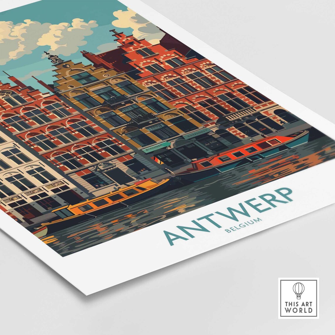 Antwerp Belgium Canal Gabled Guild Houses Boats Old Town Poster - Image 4
