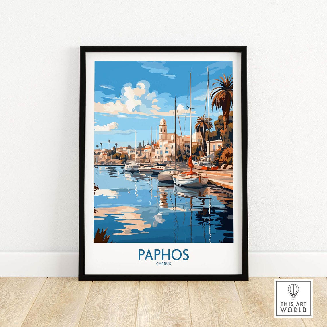 Paphos Cyprus Sunny Harbor Sailboats Palm Trees Tower Poster