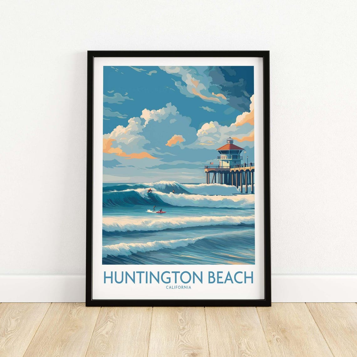 Huntington Beach California Pier Surfing Waves Daytime Poster