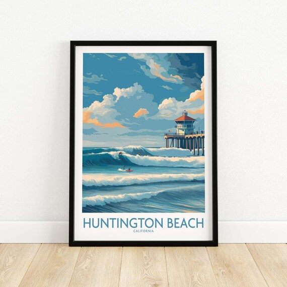 Huntington Beach California Pier Surfing Waves Daytime Poster