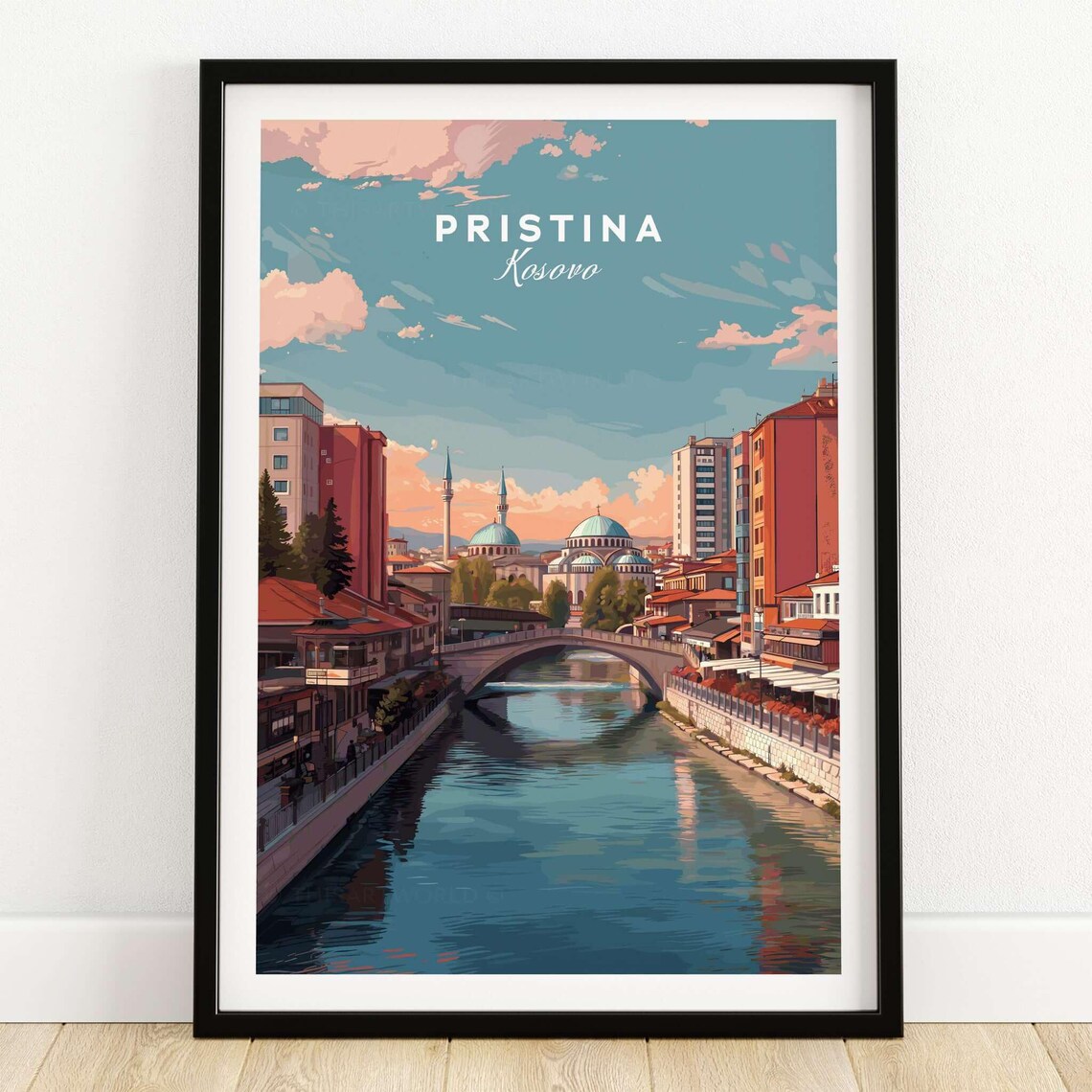 Pristina Kosovo Riverside Bridge Old Town Travel Vintage Style Poster