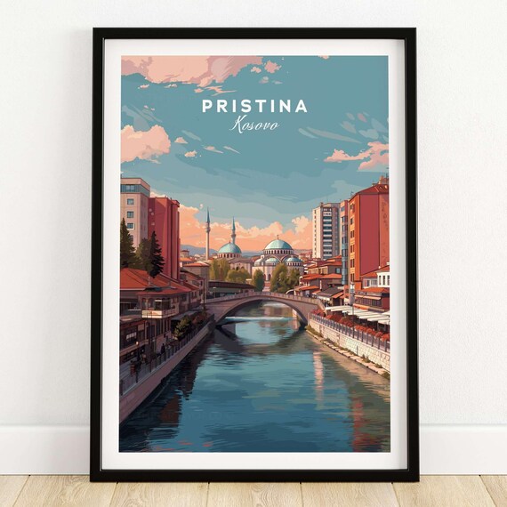 Pristina Kosovo Riverside Bridge Old Town Travel Vintage Style Poster