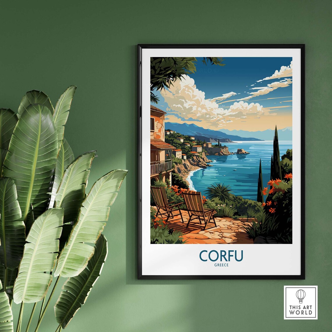 Corfu Greece Coastal Terrace Cypress Sea View Vintage Travel Poster - Image 2