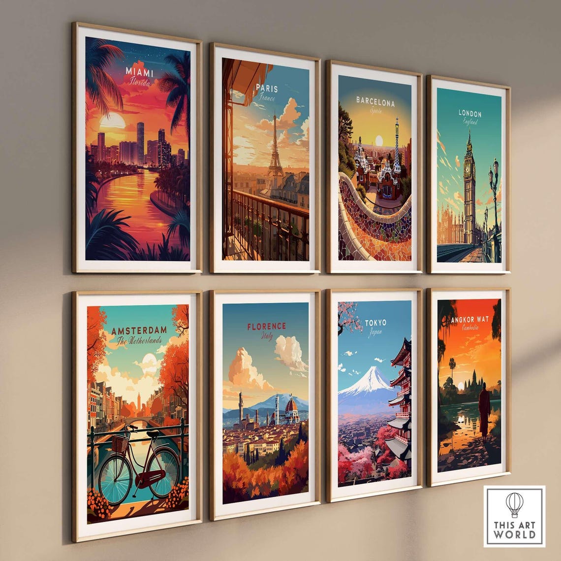 Miami Florida Sunset Skyline Palm Trees Glowing River View Poster - Image 3
