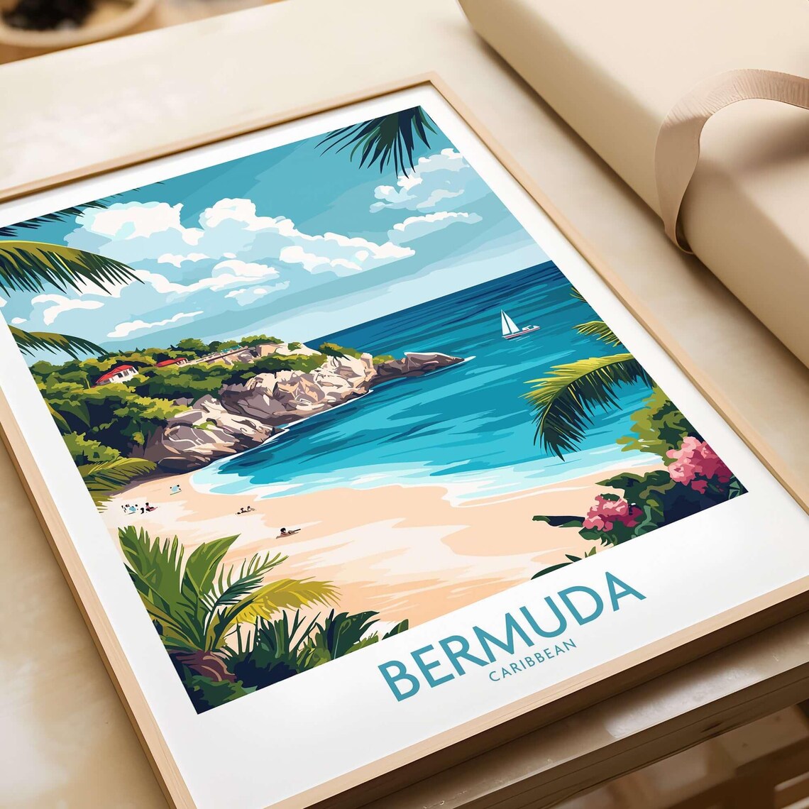 Bermuda Caribbean Rocky Cove Beach Sailboat Lagoon Travel Poster