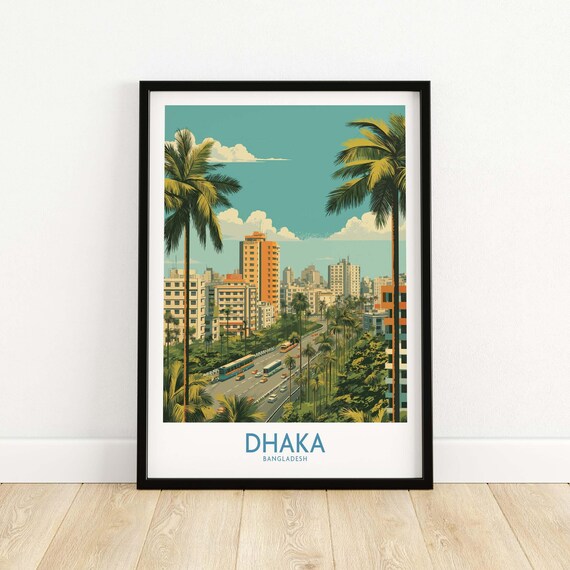 Dhaka Bangladesh Palm Avenue Retro City Skyline Travel Poster