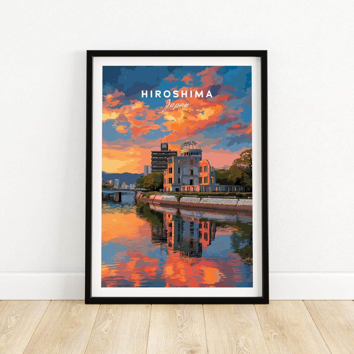 Hiroshima Japan Sunset Sky Orange Clouds River Reflection Poster
