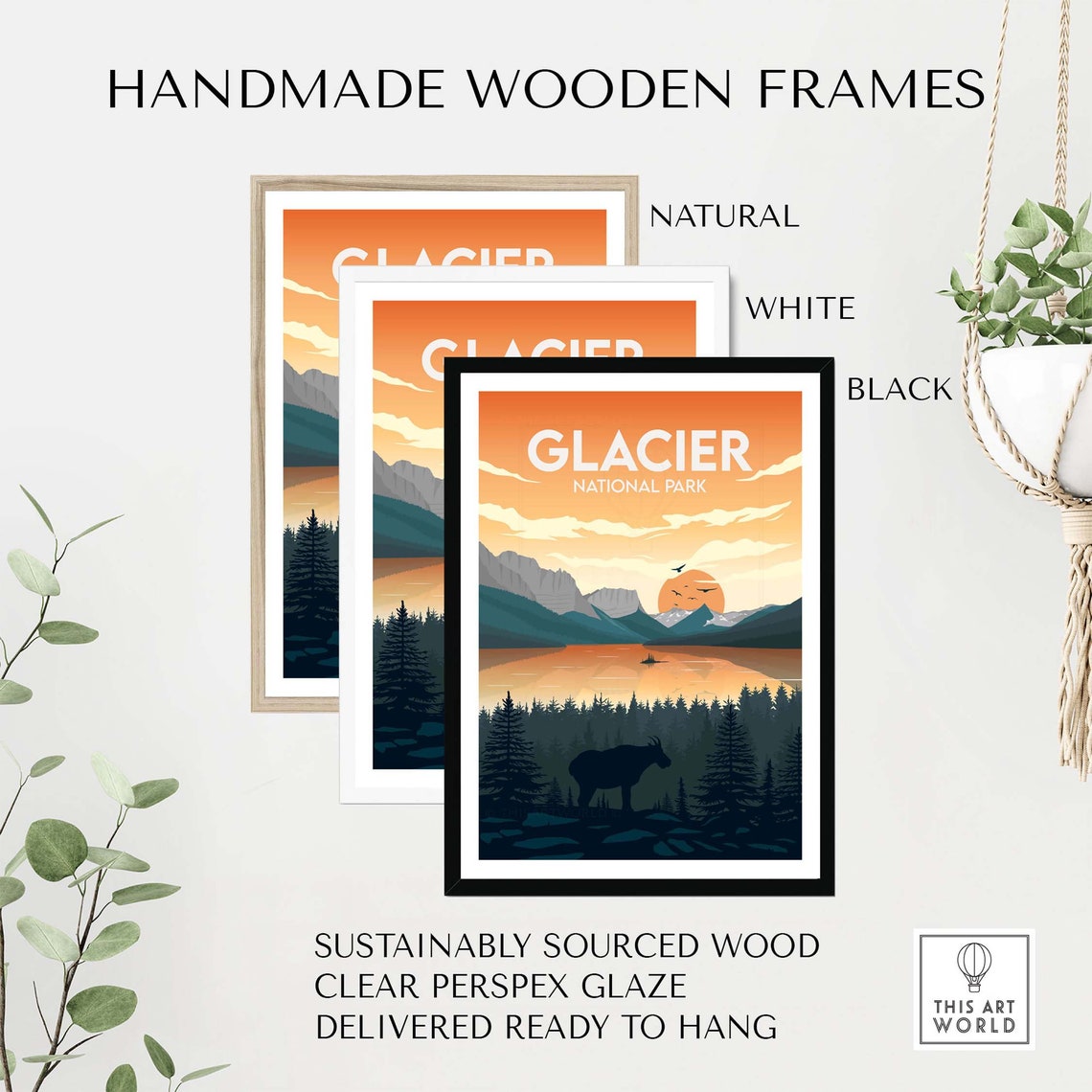 Retro Glacier National Park Sunset Lake Mountain Goat Poster - Image 2