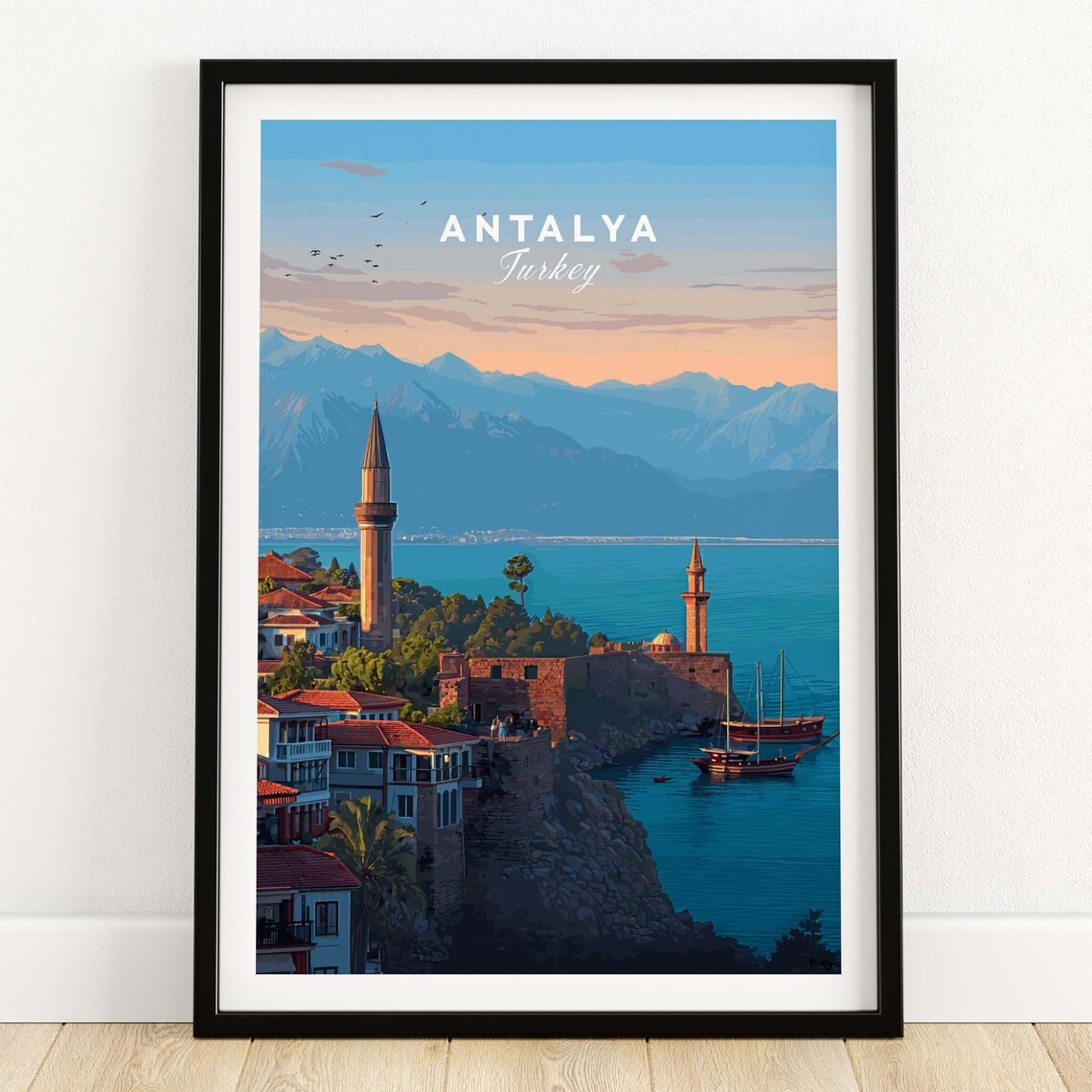 Antalya Turkey Old Town Minarets Seaside Vintage Coastal Travel Poster